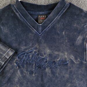 FUBU Small 8-10 Blue Long Sleeve Velour Short Sleeve Vneck Sweater Embroidery